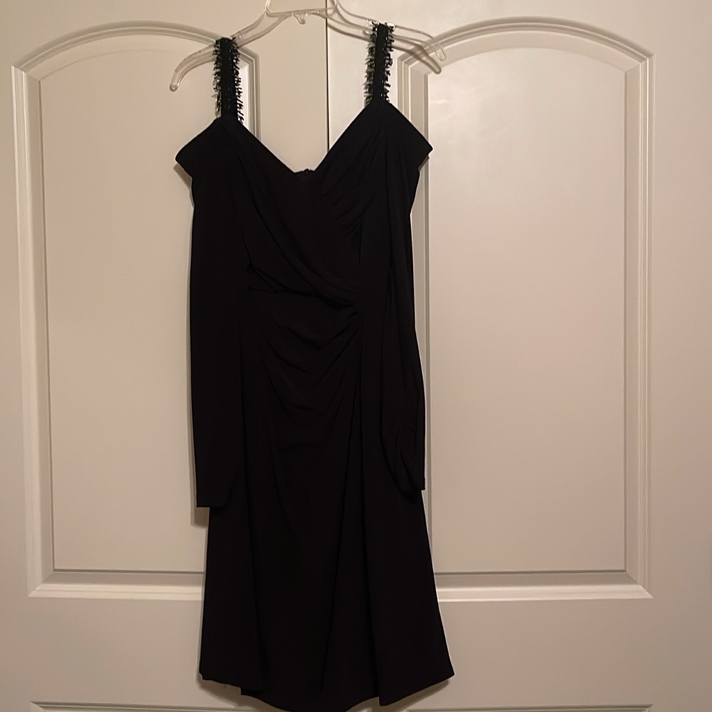 Joseph Ribkoff black cocktail dress, size 10, bare shouldered, beaded straps.